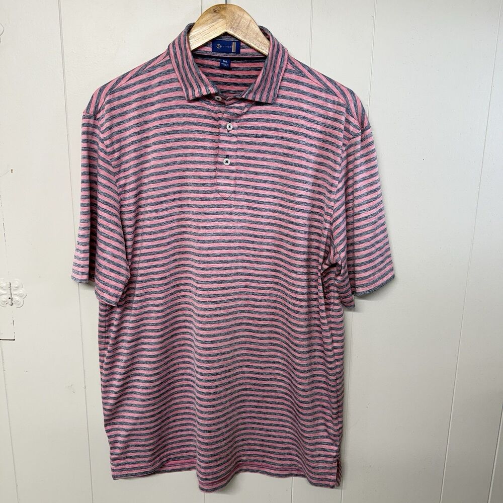 Stitch Polo Shirt Mens M/L Pink Gray Striped Golf Performance Stretch EUC